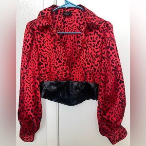 Red and Black, cheetah print, long sleeve button down with leather